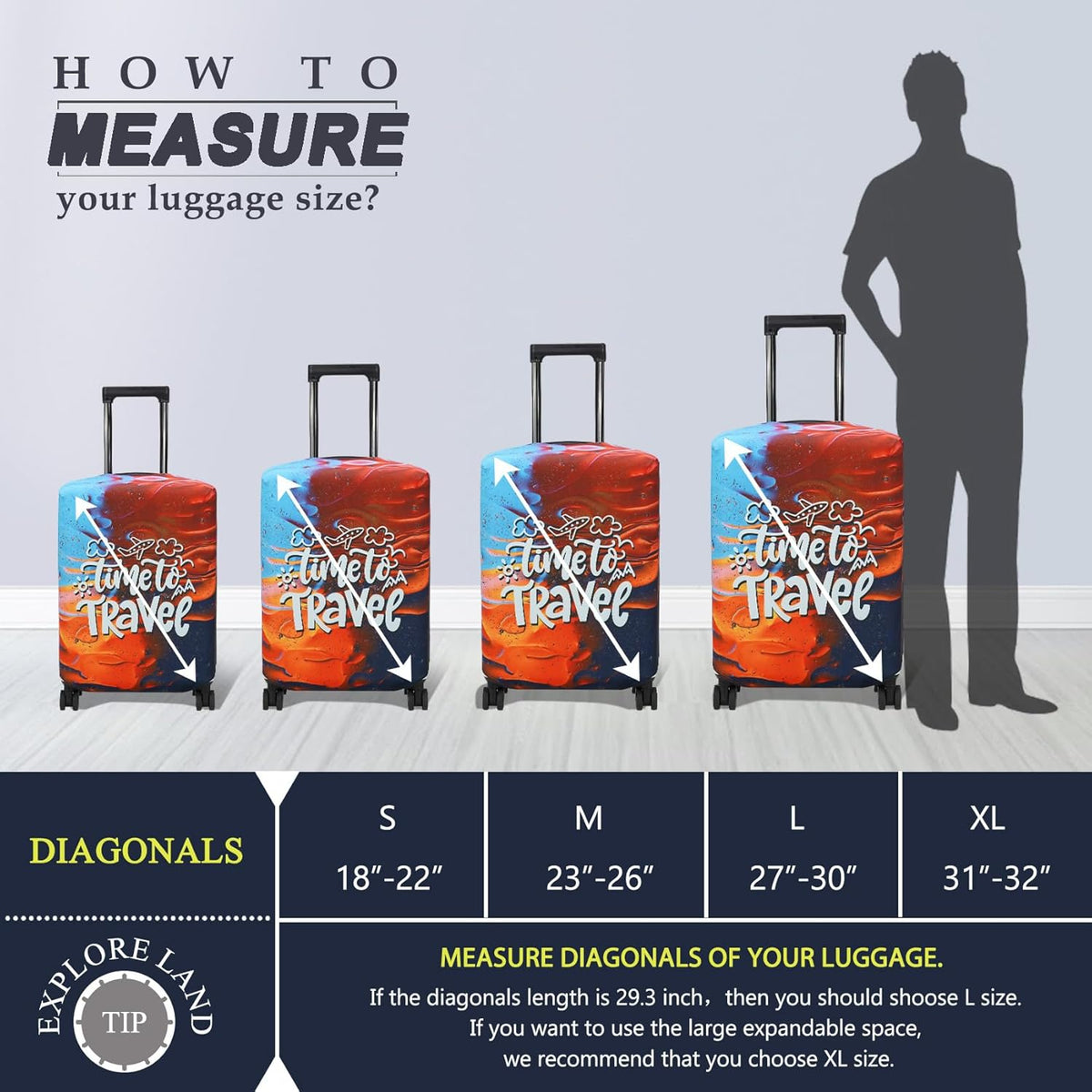 Explore Land Luggage Cover Suitcase Protector Fits 31-32 Inch Case (Time to Travel, XL)