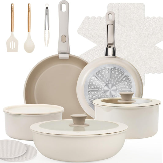 KIKCOIN Ceramic Cookware Set, 20 Pack Nonstick Pots and Pans Set with Detachable Handles, Healthy Frying Pans, Induction Dishwasher Oven Safe Kitchen Set, PFAS PFOA & PTFE Free