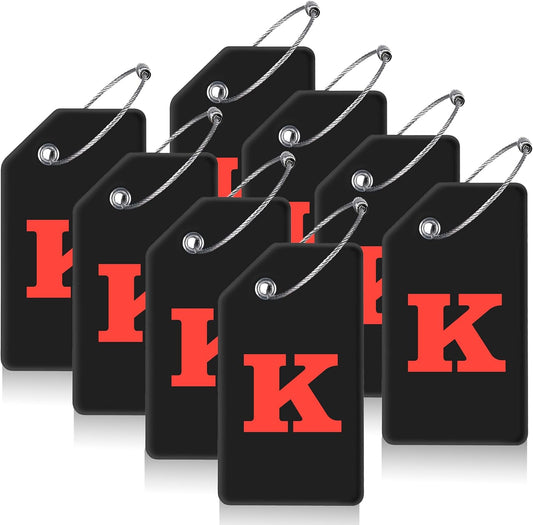8 Pcs Luggage Tags for Suitcases, 26 Initial Letter Travel Luggage Baggage Identification Labels ID Tags Fully Bendable Tags with Stainless Steel Loop (Letter K, Black)