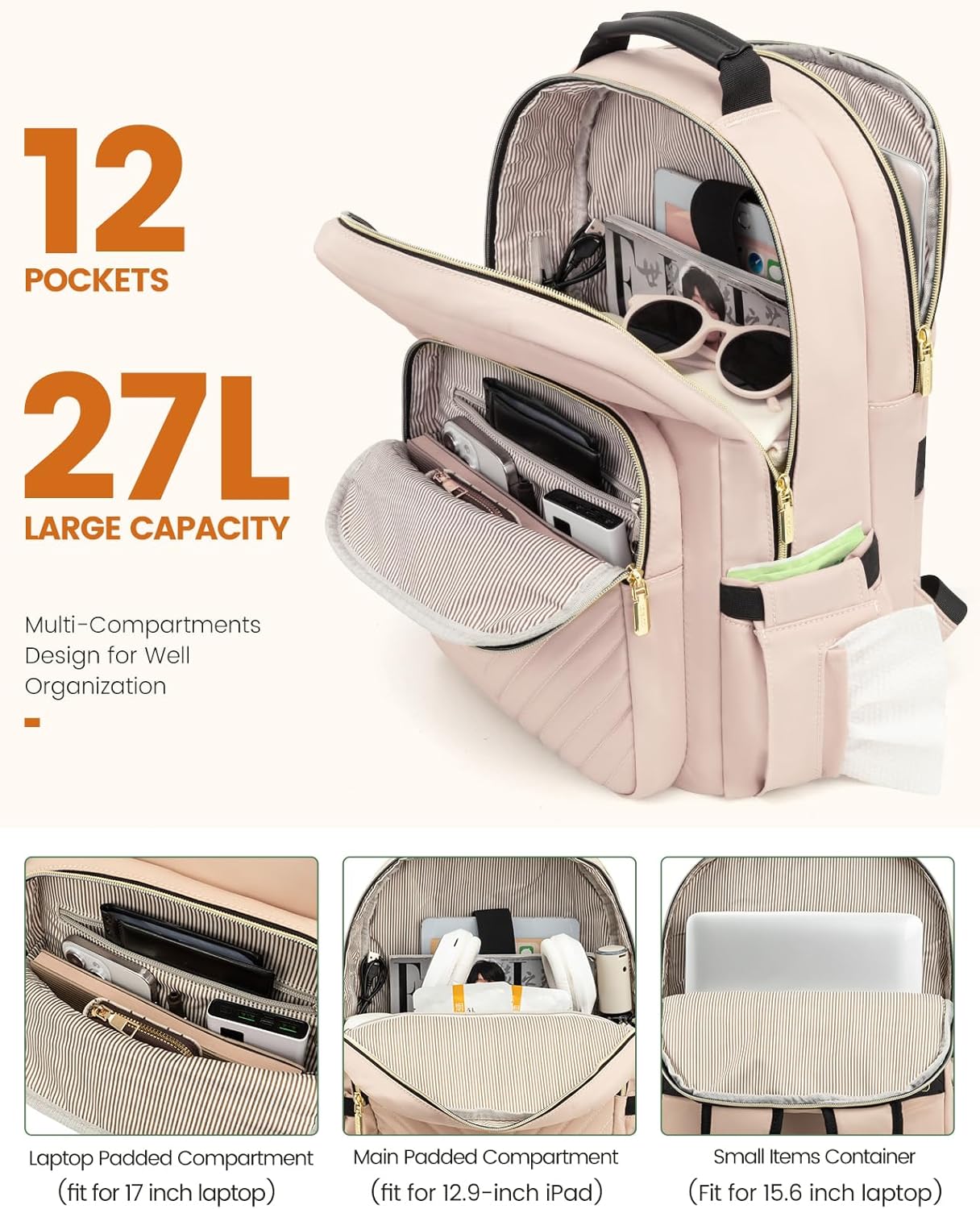 LOVEVOOK Laptop Backpack Purse for Women, Work Travel Computer Bags, College School Backpack for Student Girl, Quilted Casual Daypack with USB Port, Fit 15.6 Inch Laptop, Antiquewhite