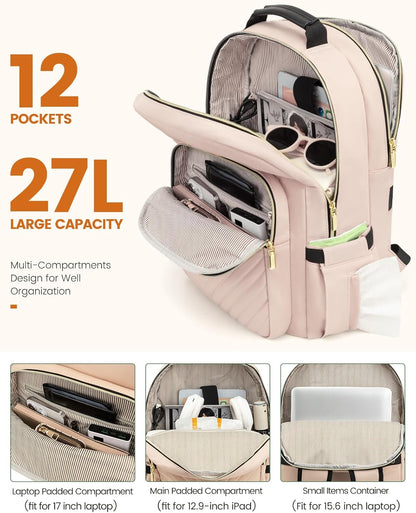 LOVEVOOK Laptop Backpack Purse for Women, Work Travel Computer Bags, College School Backpack for Student Girl, Quilted Casual Daypack with USB Port, Fit 15.6 Inch Laptop, Antiquewhite