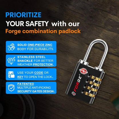 Forge Dual-Opening: Key or Combination Access Lock, TSA Approved Locks for Luggage, Pelican case, Travel, Gym, School, Stainless Steel Shackle. (Black 2 Pk)