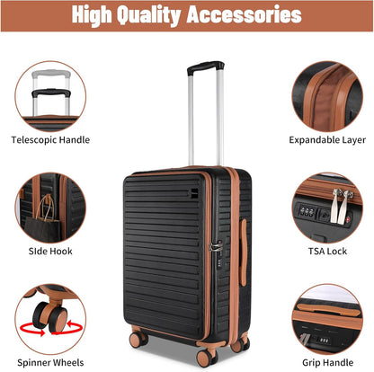 3-Piece 20/24 Top Opening Hardshell Lightweight Luggage and 28-Inch Clamshell Opening Suitcase with Spinner Wheels & TSA Locks, Black Brown, 20in/24in/28in