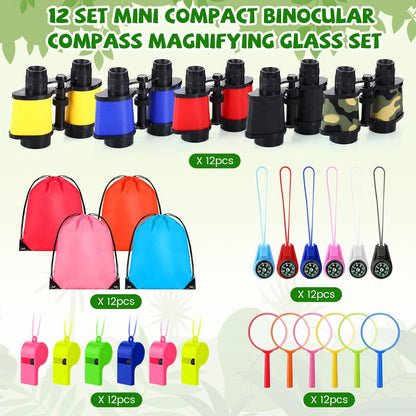 12 Set Binocular Compass Magnifying Glass Set Christmas Birthday Gift Small Telescope Binocular with Whistle Bag for Outdoor Exploring Stocking Stuffer(Cute Color,Funny)