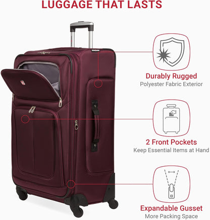 SwissGear Sion Softside Expandable Luggage – Large Checked Suitcase with 360 Degree Wheels & Retractable Handle – 29 Inch, Perfect for 7-9 Night Trips – Merlot