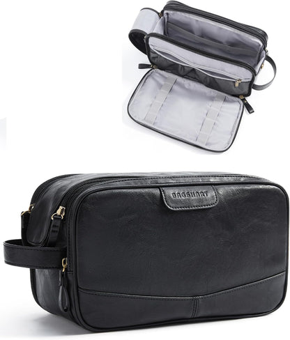 BAGSMART Toiletry Bag for Men, PU Leather Travel Bag for Toiletries, Dopp Kit Water Resistant Shaving Bag for Bathroom Shower-Black
