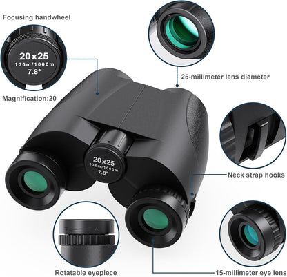 20x25 Compact Binoculars for Adults and Kids, High Power Adults Binoculars with Low Light Vision for Bird Watching, Outdoor Hunting, Travel, Concert