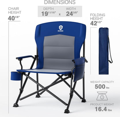 EVER ADVANCED Oversized Folding Camping Chair for Adults, Heavy Duty Lawn Chair with Side Pockets, Portable Collapsible Quad Chair for Outside, Support Up to 500lbs, Blue 2PACK