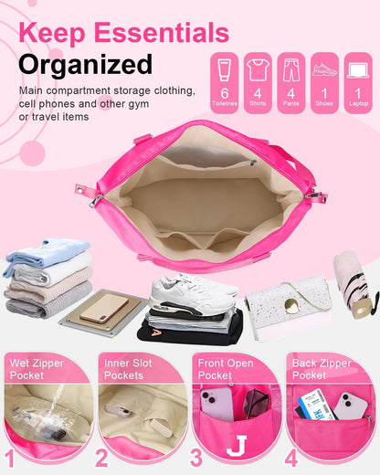 Overnight Bag for Kids Teen Girls Weekender Dance Bag Birthday Graduation Gifts,Initial Travel Duffel Bag Sports Gym Bag Personalized Weekender Bag Carry On Bags Preppy Gifts for Women(Hot Pink, J)