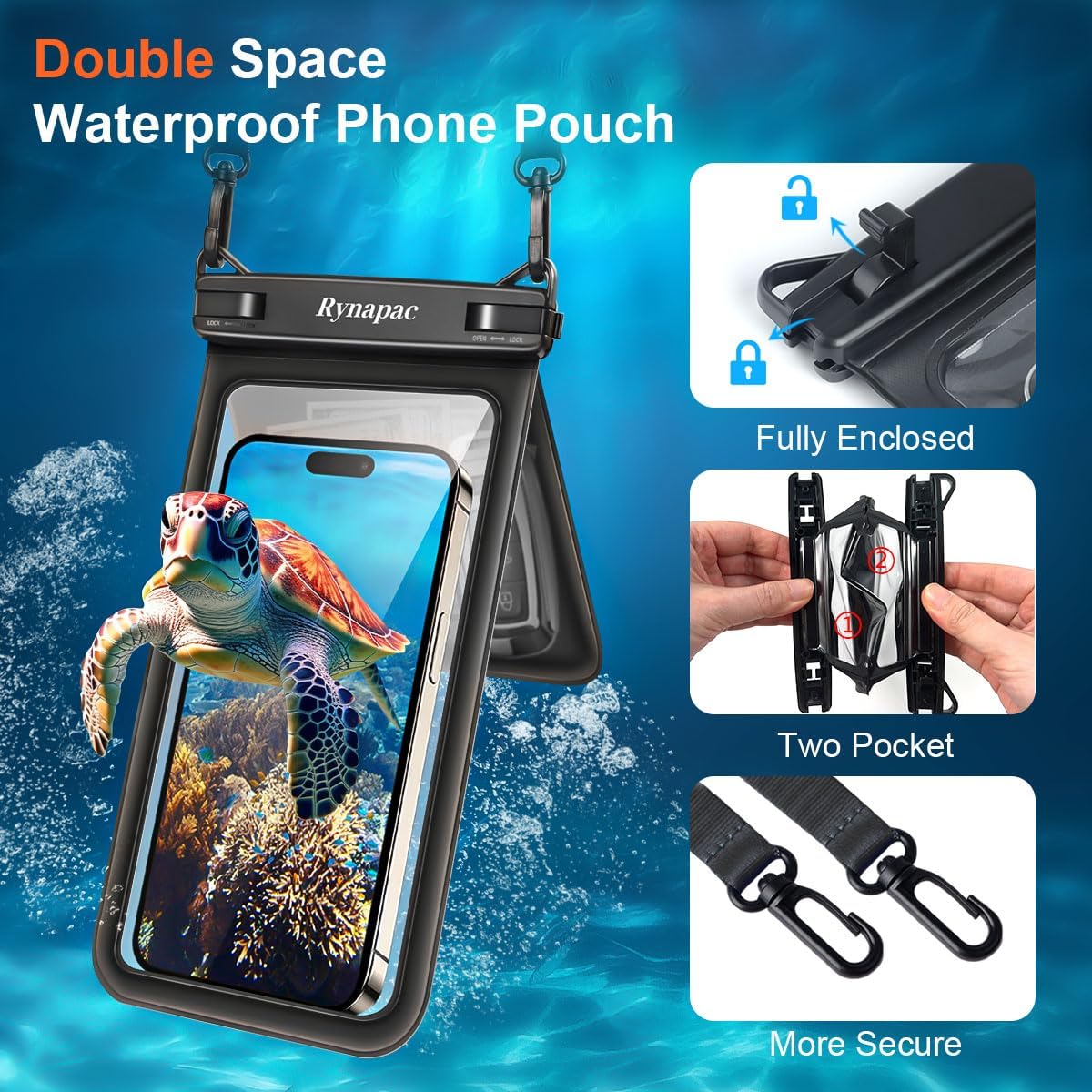 Double Space Waterproof Phone Pouch, 2 Pack Waterproof Phone Case with Lanyard for iPhone 15 Pro Max Galaxy S23 Pixel 7a up to 8.5’’, Cellphone Dry Bag for Beach Vacation (Black+Black)