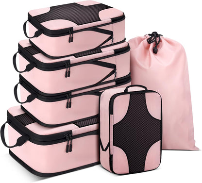 6 Set Compression Packing Cubes for Travel Women, Compression Bags Organizer for Packing Luggage Space Saving, Suitcase Organizer Set for Travel Essentials - Pink