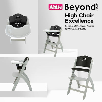Abiie Beyond Junior Wooden High Chair with Tray - Adjustable and Convertible High Chair for Babies and Toddlers - 6 Months to 250 Lb - Water Resistant - Misty Grey Wood with Black Pearl Cushion