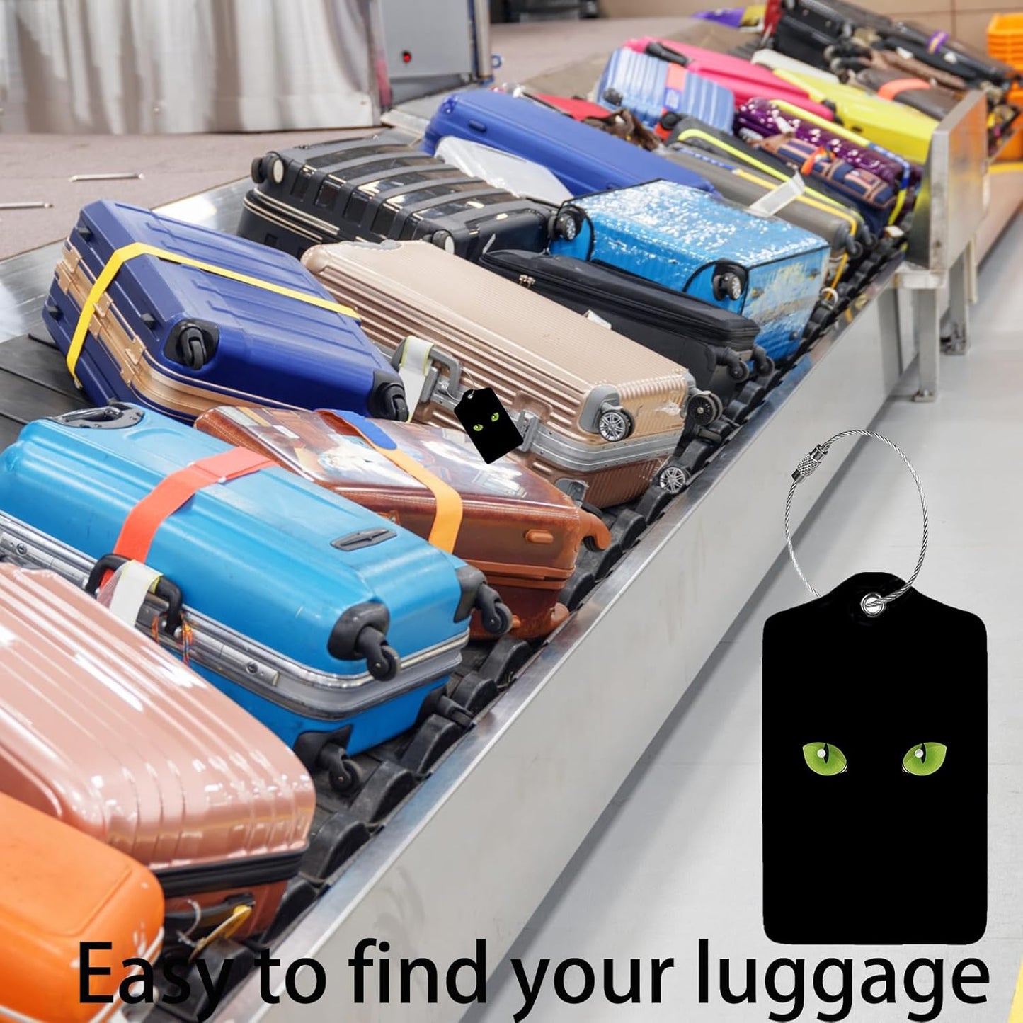 Black Cat Eyes 2 Pack Luggage Tag for Suitcase, Cute Unique Leather Bag Tags Identifiers Privacy Cover ID Label with Steel Loop for Women Men Kids Girls Travel