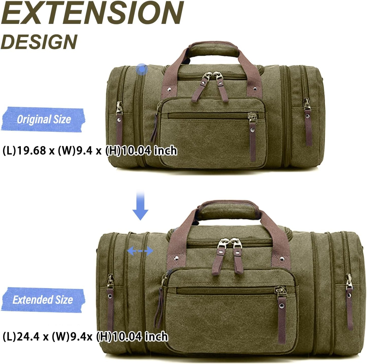 Felipe Varela Green 40L Canvas Duffel Bag for Men, Expandable Travel Gym Overnight Carry On Bag