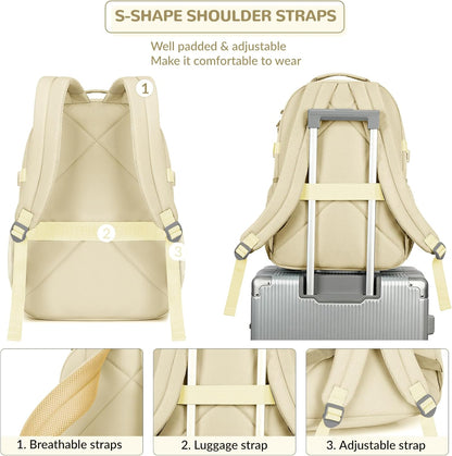 Lohol Water Resistant Backpack with Mulitiple Pockets for Travel Outdoor College, 15.6 inch Laptop Bookbag for Girl and Women (Beige)