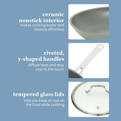 Sur La Table Kitchen Essentials Cool Commune Hard Anodized 10 Piece PFA Free Ceramic Non stick Interior Forged Durable Aluminum Pots and Pans Cookware Set - Green - Induction Compatible