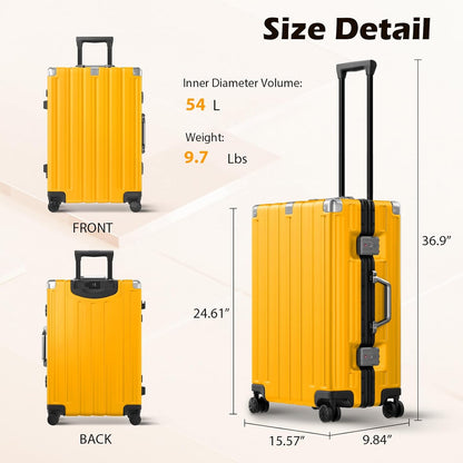 Krute Checked Aluminum Frame Suitcase 24 Inch Zipperless Luggages Hardside PC Luggage With Spinner Wheels TSA Lock USB Charger Suitcases(1 Piece)