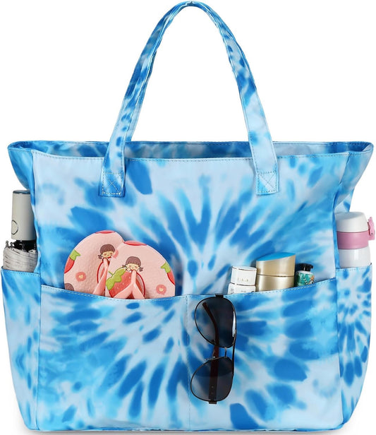 LEDAOU Large Beach Tote Bag Women Waterproof Sandproof Zipper Beach Tote Bag for Pool Gym Grocery Travel with Wet Pocket