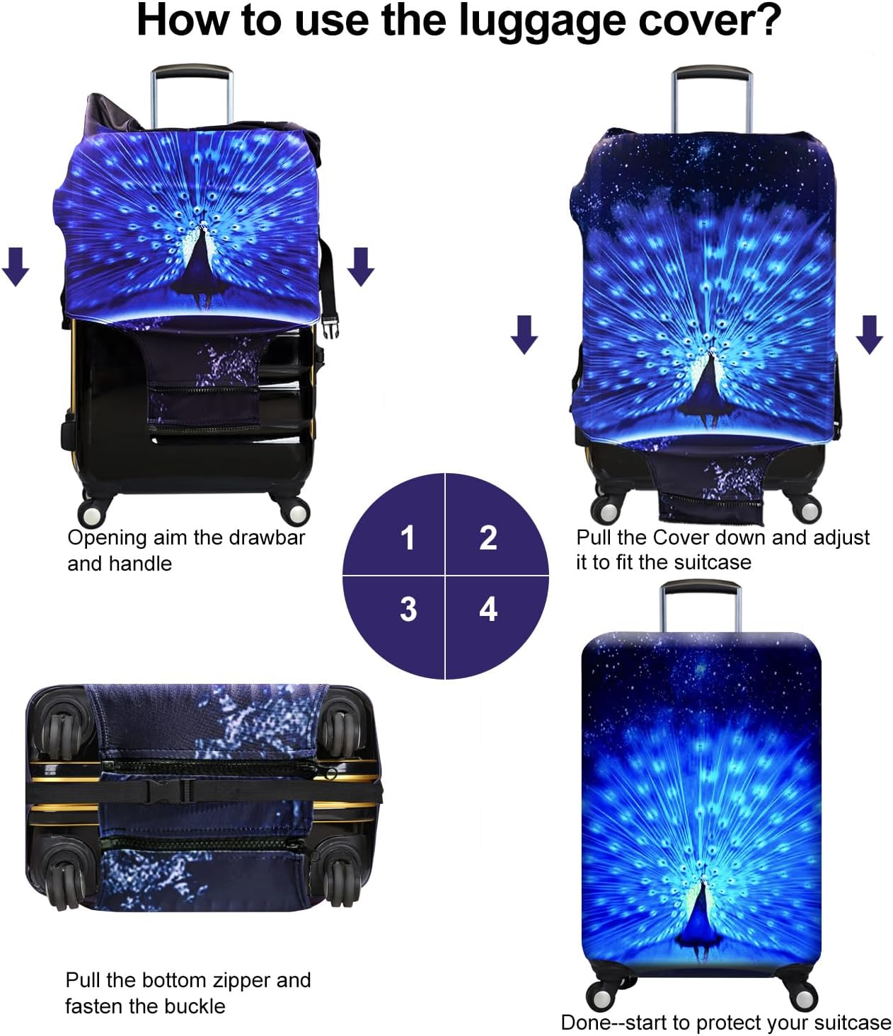 7-Mi Suitcase Cover 3D Print Design Travel Luggage Protector Trolley Case Cover 22"-24" Sleeve, BluePeacock