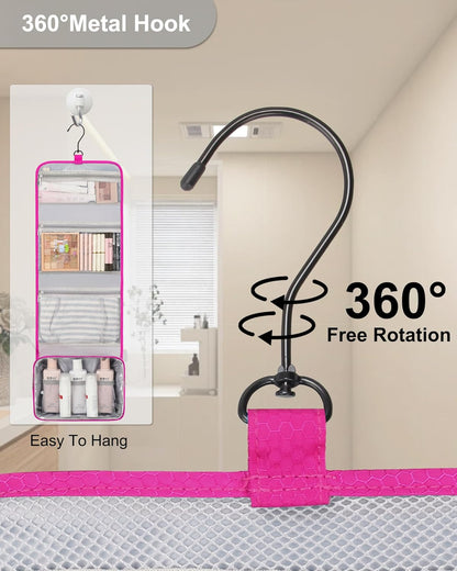 Relavel HangingTravel Toiletry Bag for Women, Large Capacity Toiletries Bag, Travel Essentials Organizer, Hanging Makeup Case for Accessories, Waterproof Bathroom Shower Bag (hot pink)