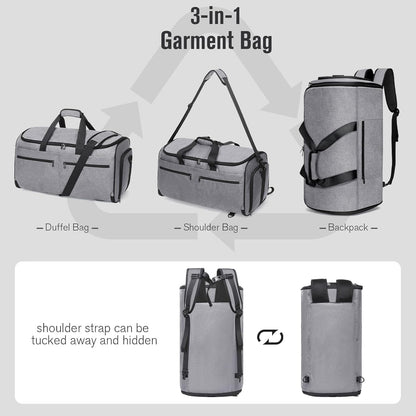 Bukere Carry on Garment Bag for Travel, Convertible Travel Duffel Suit Bag with Backpack Straps, Shoe Compartment, 3 in 1 Weekender Suit Bag for Men Women