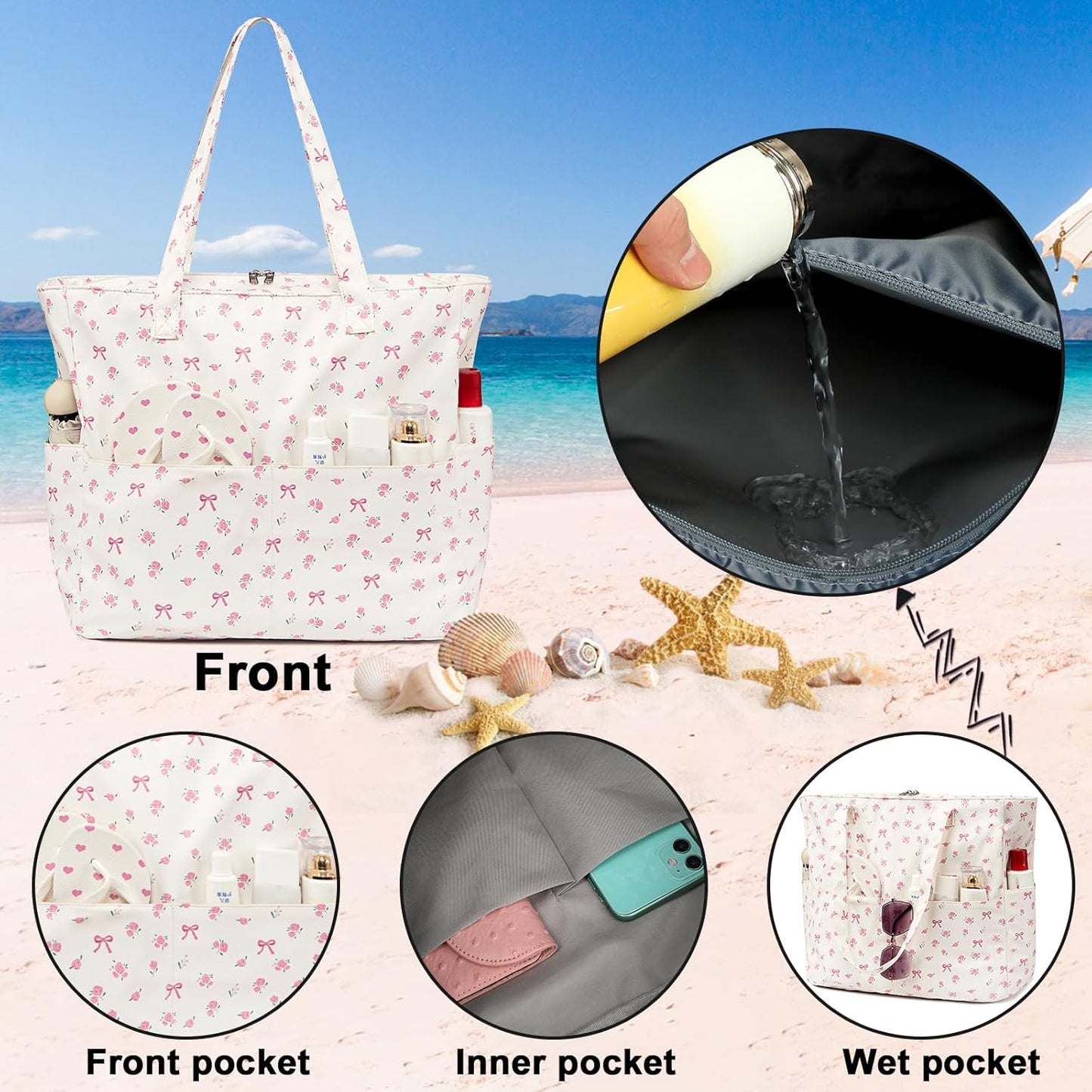Beach Pool Bags Tote for Women Ladies Large Gym Tote Carry On Bag With Wet Compartment for Weekender Travel Waterproof
