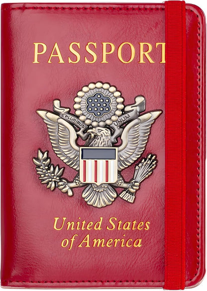 Passport Holder for Travel Passport Cover for Men Passport Wallet Case with Metal 3D Metal Badge Protector Leather Card Case RFID Blocking Women Travel Accessories Document Organizer (Red)
