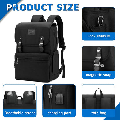 HFSX Vintage College Laptop Backpack for Women & Men - with USB Charging Port (Black, Fits 15.6 inch Notebook)