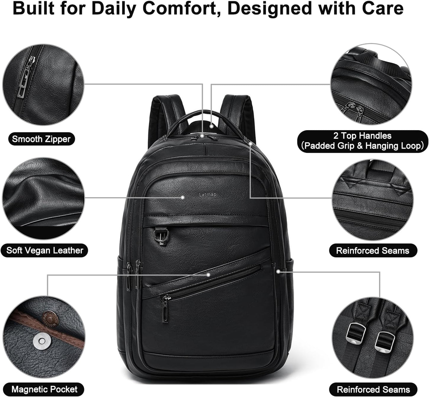 43L Backpack for Women Men - Vegan Leather Backpack Purse Travel Carry-on Bag College Bookbag Work fits 17" Laptop, Black