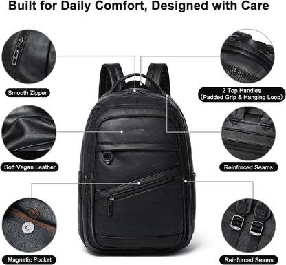 43L Backpack for Women Men - Vegan Leather Backpack Purse Travel Carry-on Bag College Bookbag Work fits 17" Laptop, Black