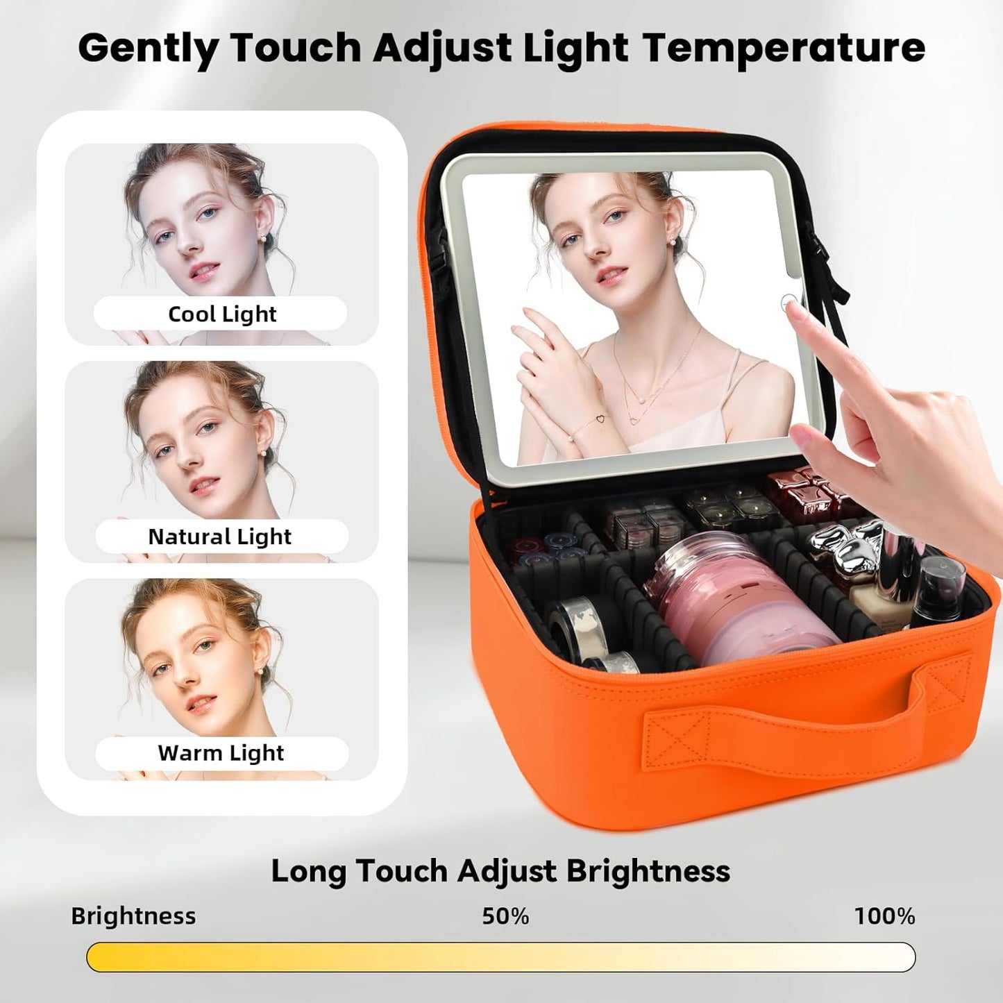 Travel Makeup Bag with LED Mirror and Light Travel Makeup Case Cosmetic Organizer Portable Cosmetic Brush Organizer Bag with Adjustable Dividers for Cosmetics Makeup Brushes Toiletry (Orange)