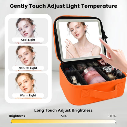 Travel Makeup Bag with LED Mirror and Light Travel Makeup Case Cosmetic Organizer Portable Cosmetic Brush Organizer Bag with Adjustable Dividers for Cosmetics Makeup Brushes Toiletry (Orange)