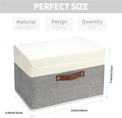 8 Pack Storage Bins Foldable Storage Boxes Fabric Storage Box with Lid & Handle Large Washable Organizer Bulk for Office, Home, Books, Clothes, Bedroom, Closet, (15INx10INx10IN White/Grey)