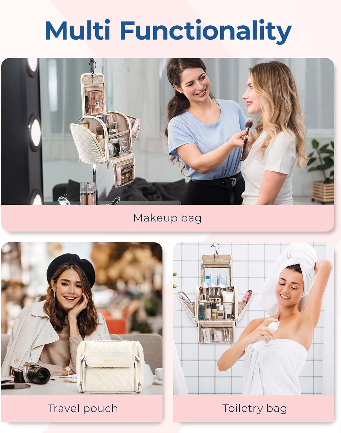 BAGSMART Toiletry Bag Travel Makeup Bag with Hanging Hook, Cosmetic Bag Make Organizer Case, Large Capacity Water-resistant Organizer for Toiletries Accessories Brushes Sponge, Beige