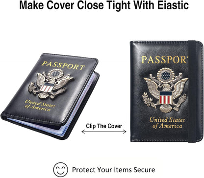 Passport Holder for Travel Passport Cover for Men Passport Wallet Case With 3D Metal Badge Protector Leather Card Case RFID Blocking Women Travel Accessories Document Organizer (Black)