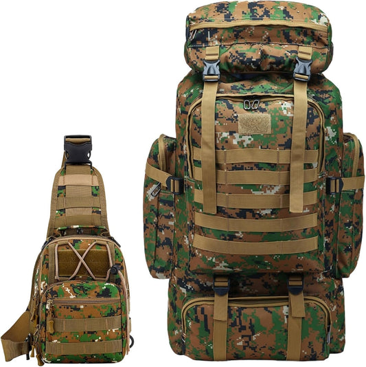 80L 2Pcs Hiking Backpack for Men with Sling Tactical Backpack - Rucksack Molle Military Tactical Waterproof Lightweight Camping Backpack 3 Day Assault Pack for Travel, Climbing, Backpacking