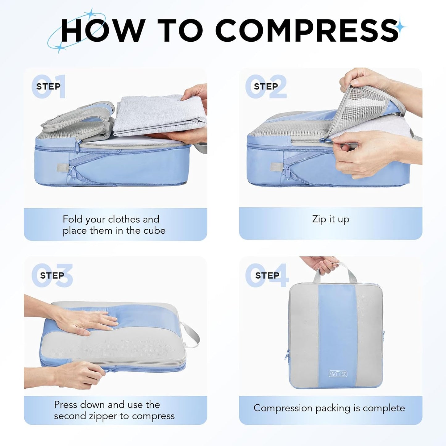 8 Set Compression Packing Cubes for Travel Essentials,Compressible Expandable Packing Cubes for Suitcase,OlarHike Luggage Organizer Bags for Travel,Handy Helper for Organizing Clothes(Light Blue)