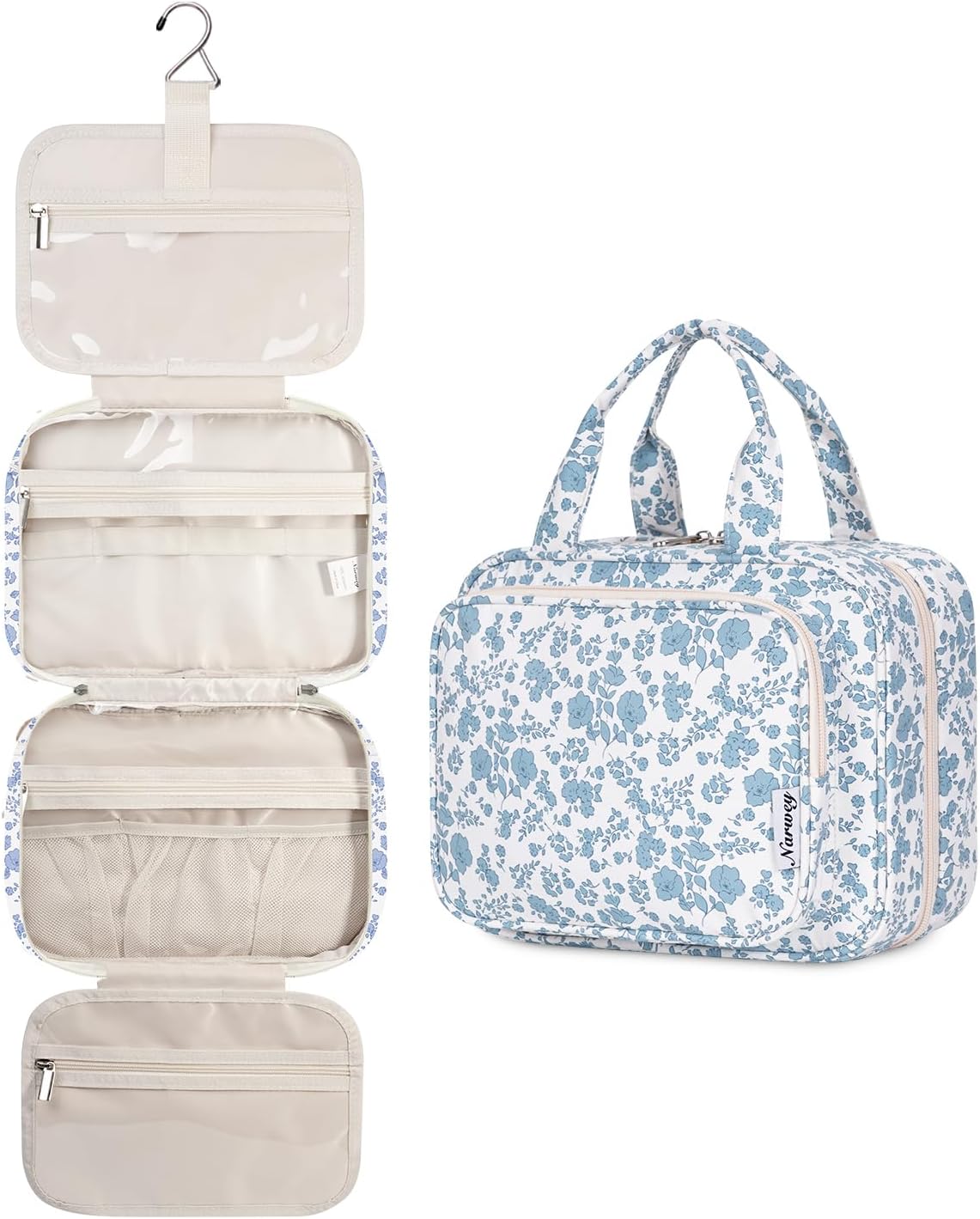 Narwey Hanging Floral Toiletry Bag for Women Travel Makeup Bag Organizer Toiletries Bag for Travel Size Essentials Accessories Cosmetics (Little Blue Flower (Medium))