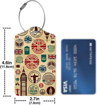 Travel Icons 2 Pack Luggage Tag for Suitcase, Cute Unique Leather Bag Tags Identifiers Privacy Cover ID Label with Steel Loop for Women Men Kids Girls Travel