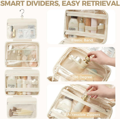 Toiletry Bag For women,Portable Hanging Organizer,4 Leakproof Compartment for full-sized Conditioner, Brushes Set, Makeup Accessories,Visible and easy to access.L-beige