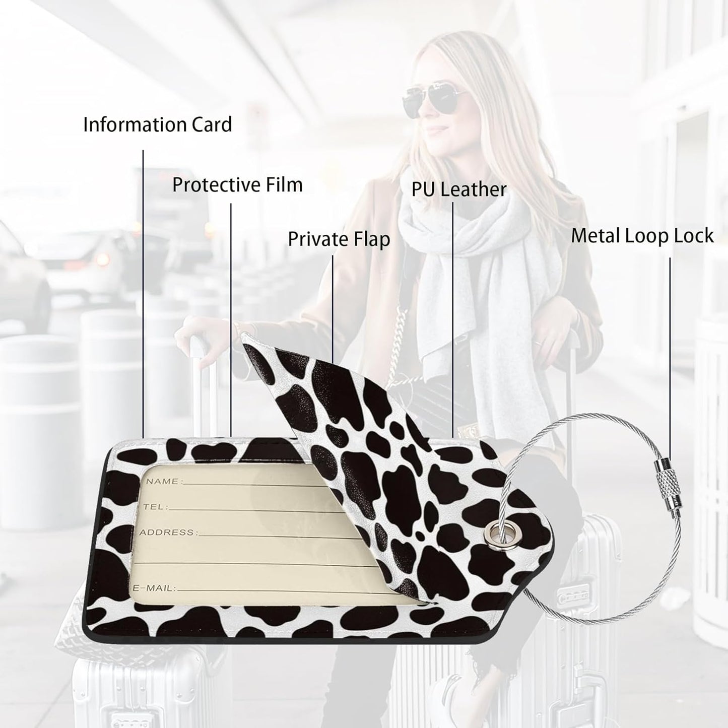 2 Pack Luggage Tags for suitcases Cute Cow Luggage Tag, Leather Stainless Steel Loop Label Tag for Men Women Travel Bag Suitcase(Cow)