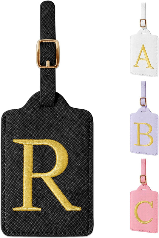 Personalized Initial Luggage Tags for Suitcase TSA Approved, Black Leather Cute Luggage Tag with Privacy Cover Name Card, Embroidered Custom Luggage Tags Travel Backpack Tags Gifts for Women Kids(R)