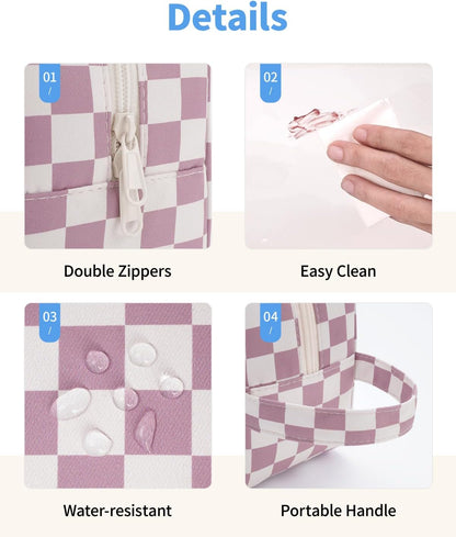 Narwey Clear Toiletry Bags for Traveling Women Men, Clear Travel Bags for Toiletries Makeup Bag Cosmetic Bag with Zipper, Make Up Organizer, Skincare Bag (Dusty Pink Checkerboard)