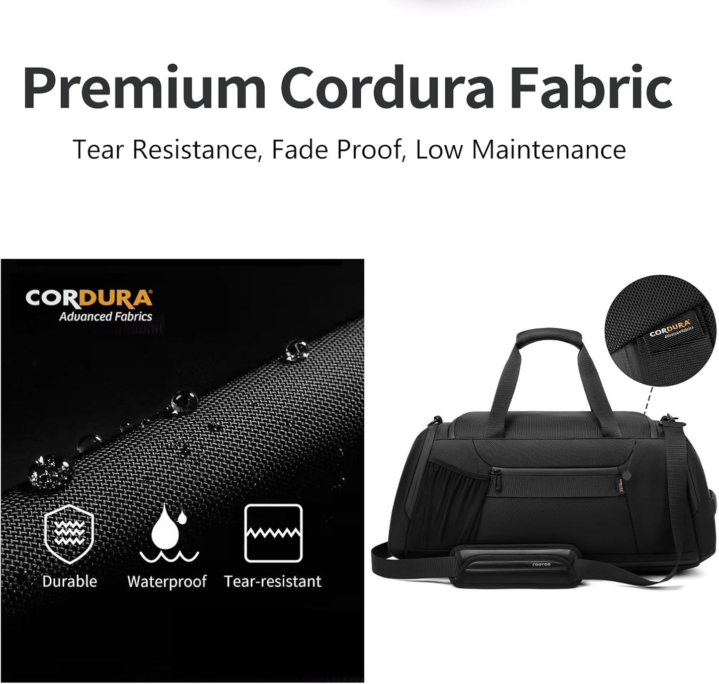 Duffle Bag for Travel, Carry on Gym Bag for Men, Waterproof Sport Bags with Shoe Compartment, 40L Weekender Men Tote Bag for Camping, Hiking, Trips - Black (CORDURA®)