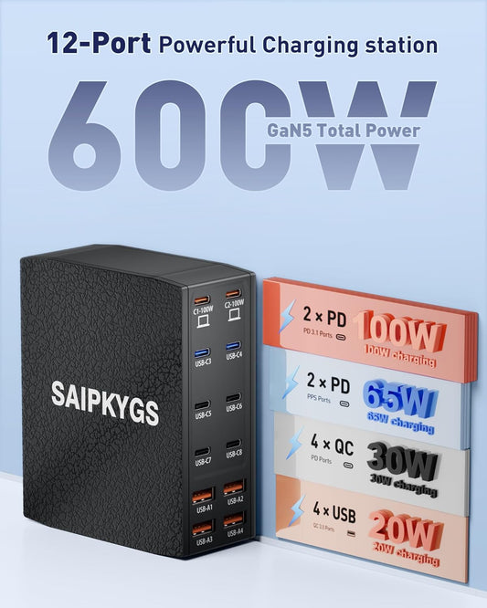 USB Charging Station (600W),12-Port USB C Charger Block with Dual 100W PD USB-C Fast Charging Station Hub for MacBook Pro/Air/All iPad Phone 17/16 15/14/13/Pro Max/Samsung Galaxy Note (Black)