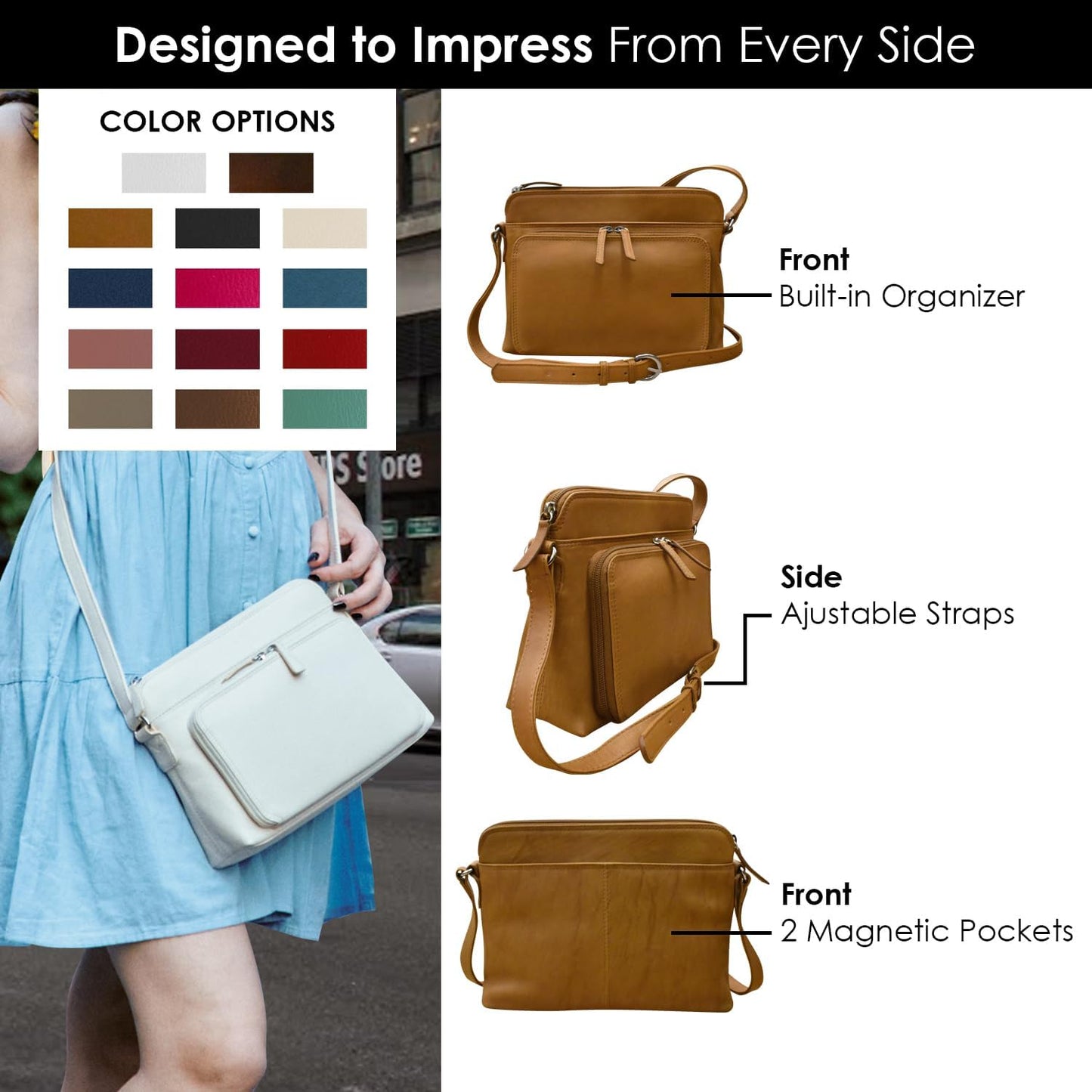 ili New York Genuine Leather Crossbody Bags for Women - Premium RFID Blocking Shoulder Bag Organizer with Adjustable Strap