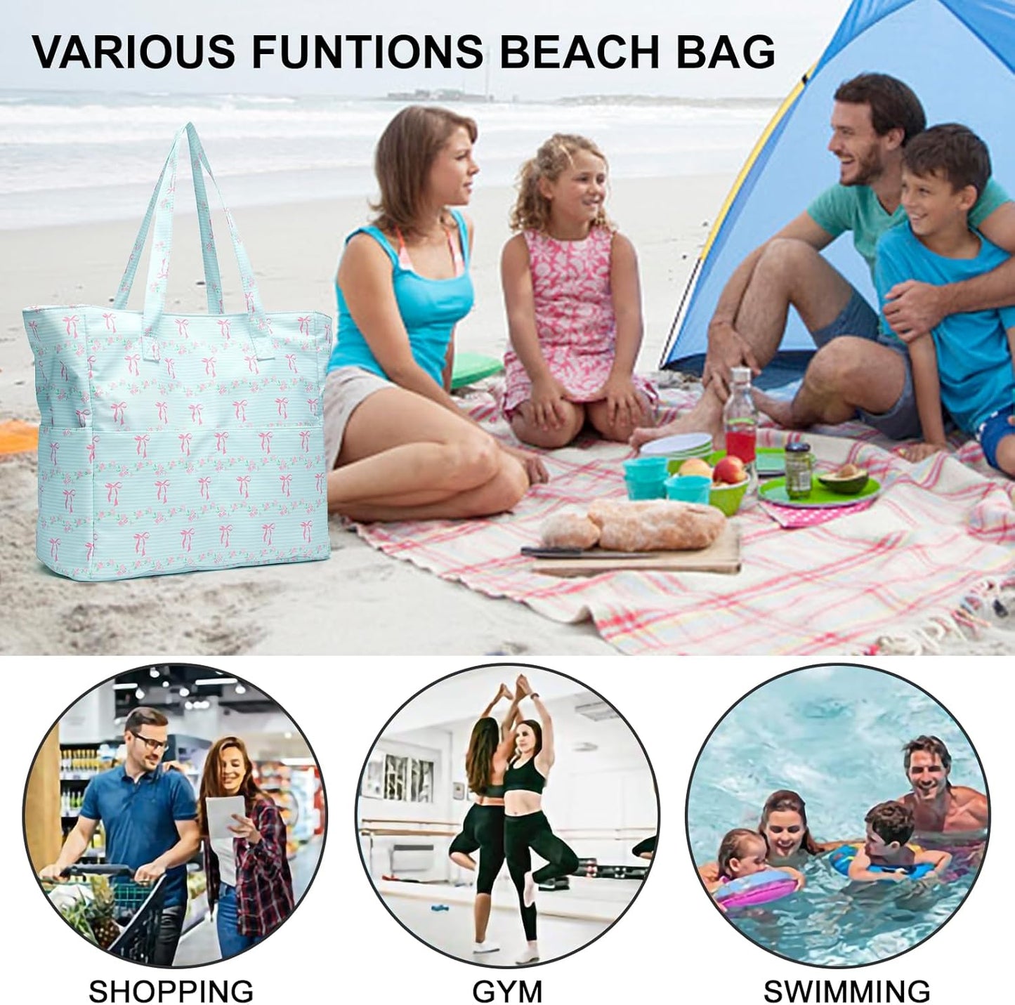 Waterproof Beach Tote Pool Bags for Women Ladies Extra Large Gym Tote Carry On Bag With Wet Compartment for Weekender Travel