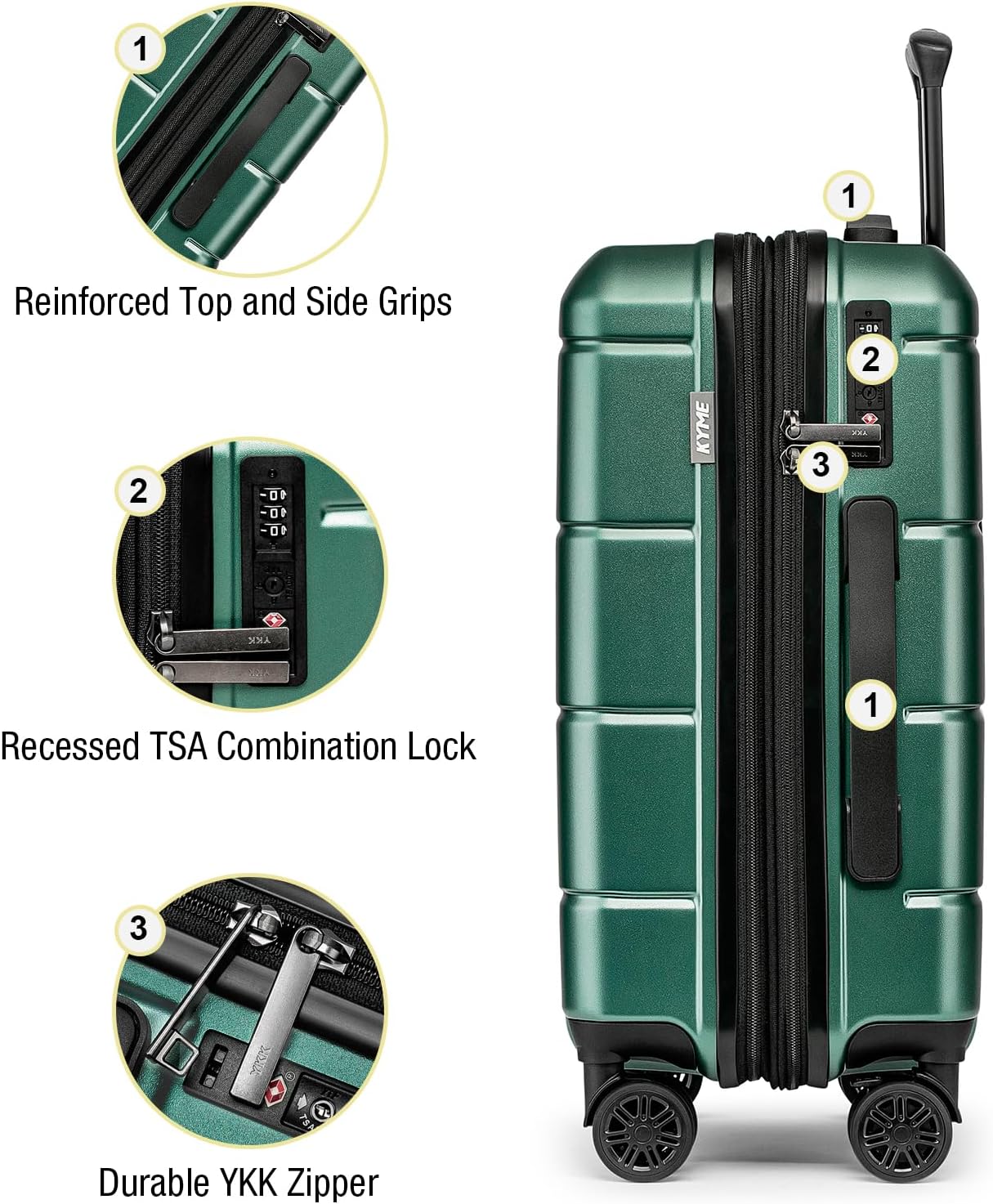 KYME Green Carry On Luggage 22x14x9 Airline Approved Expandable 20 Inch Hardshell Carry On Suitcase with Wheels TSA Lock Small Travel Rolling Luggage with Cup Holder for Men Women