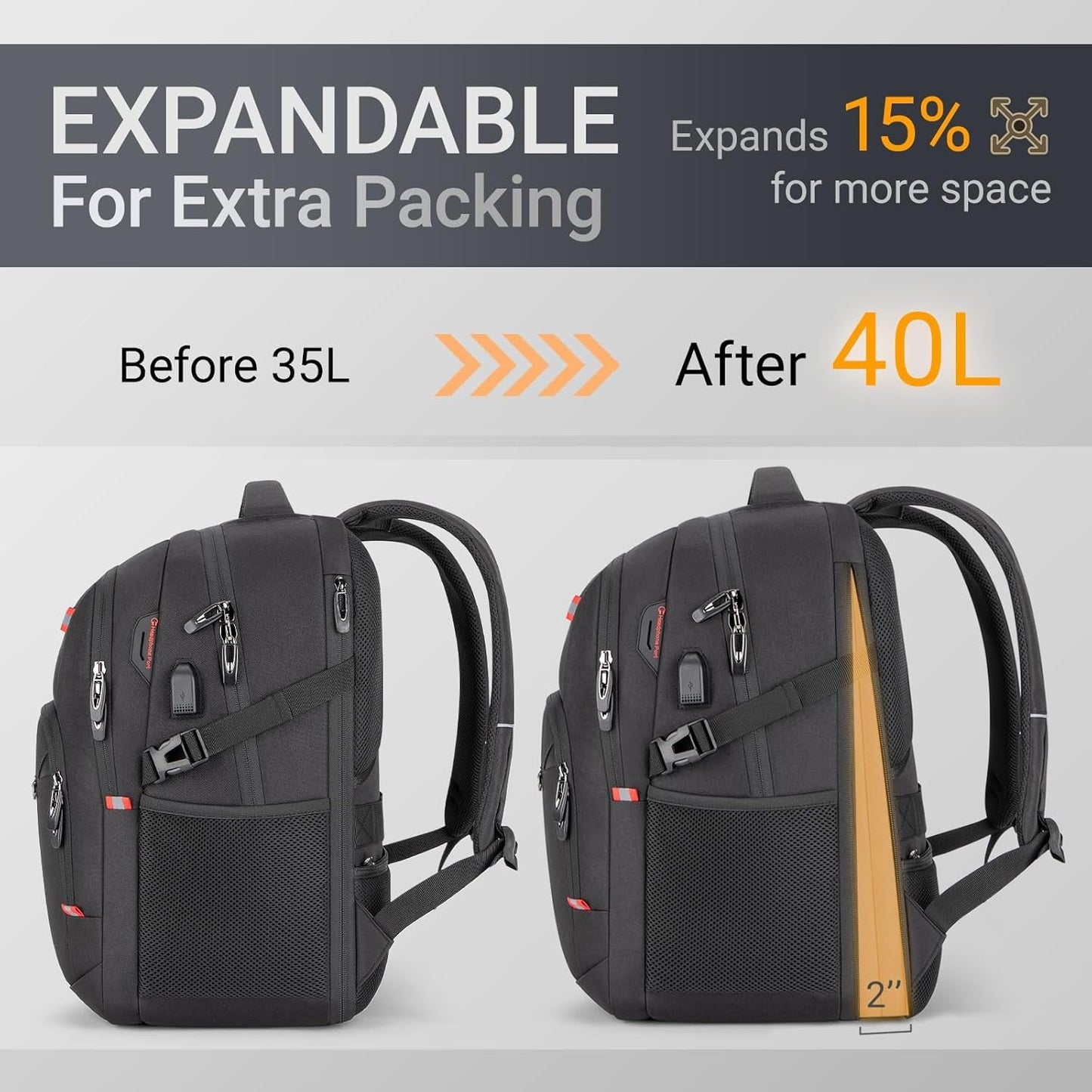 40L Expandable Laptop Backpack, Anti-thief Travel Backpack with USB Charging Port, Airline Approved Business Waterproof Carry on Luggage, Fits 15.6" Laptop for Men Women