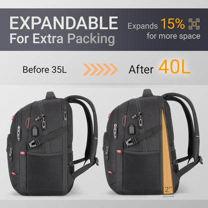 40L Expandable Laptop Backpack, Anti-thief Travel Backpack with USB Charging Port, Airline Approved Business Waterproof Carry on Luggage, Fits 15.6" Laptop for Men Women